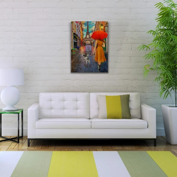 Eyfel Kulesi önünde Kırmızı Şemsiyeli Kadın Yağlıboya Kanvas Tablo 50 x 70 - Resim 2