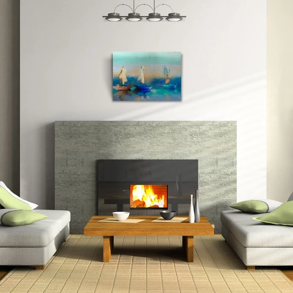 Üç Yelkenli Tekne Yağlıboya Kanvas Tablo 50 x 70 - Resim 2