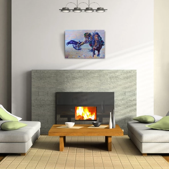 Şahin İle Avlanan Atlı Yağlıboya Kanvas Tablo 50 x 70 - Resim 2