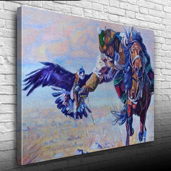 Şahin İle Avlanan Atlı Yağlıboya Kanvas Tablo 50 x 70 - Resim 3