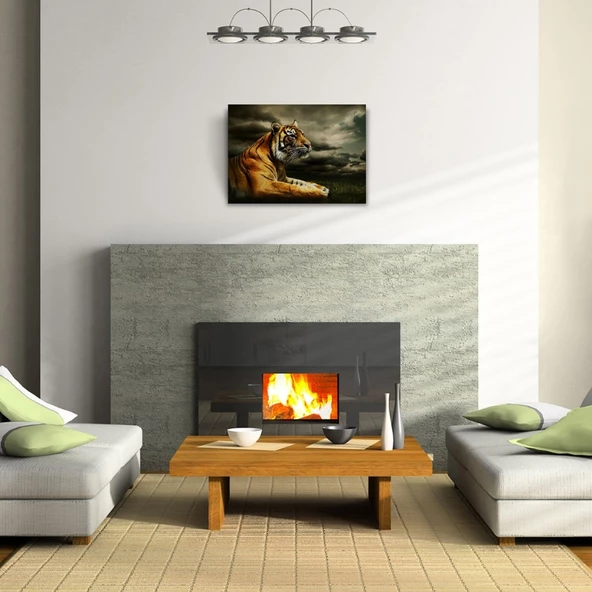 Çimenlerde Uzanan Kaplan Kanvas Tablo 50 x 70 - Resim 2