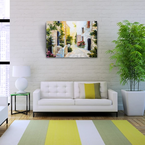 Taş Evler Ve Çiçekli Yol Yağlıboya Kanvas Tablo 50 x 70 - Resim 2