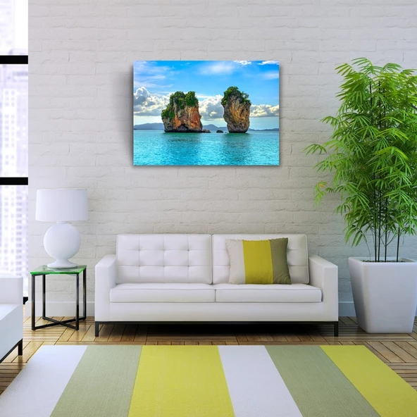 Deniz de İki Adacık, Mavi Tonlarda Fotoğraf Kanvas Tablo 50 x 70 - Resim 2