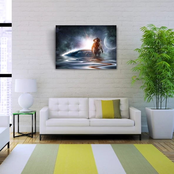 Su bulunan Gezegen ve Astronot Kanvas Tablo 50 x 70 - Resim 2