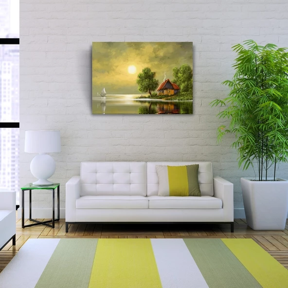 Dolunay ve Göl kenarındaki Ev Yağlıboya Kanvas Tablo 50 x 70 - Resim 2