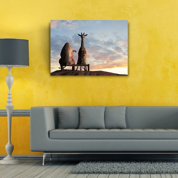 Banktaki Fil ve Zürafa Kanvas Tablo 50 x 70 - Resim 2