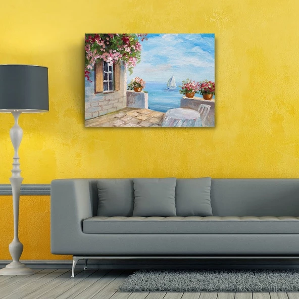 Taş Balkon, Deniz ve Yelkenli Yağlıboya Kanvas Tablo 50 x 70 - Resim 2