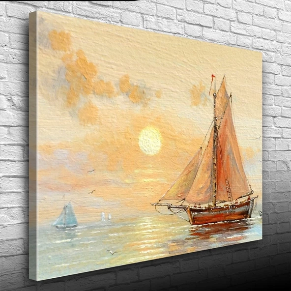 Günbatımında Yelkenli Tekne Yağlıboya Kanvas Tablo 50 x 70 - Resim 3