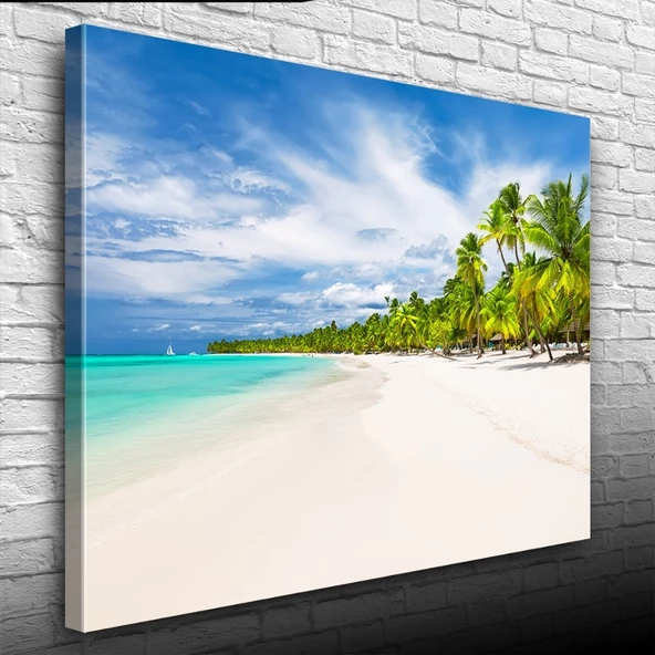 Turkuaz Deniz Palmiyeler ve Bembeyaz Kumsal Kanvas Tablo 50 x 70 - 3