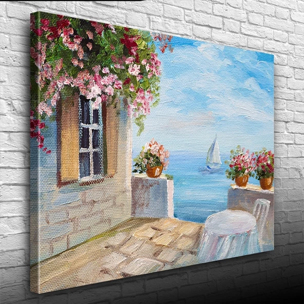 Taş Balkon, Deniz ve Yelkenli Yağlıboya Kanvas Tablo 50 x 70 - Resim 3