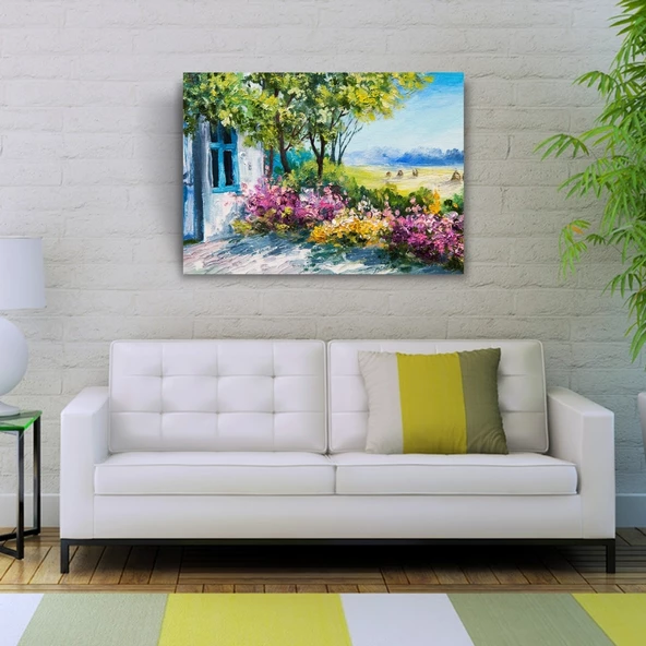 Renkli Çiçekler ve Bahar Manzarası Yağlıboya Kanvas Tablo 50 x 70 - Resim 2
