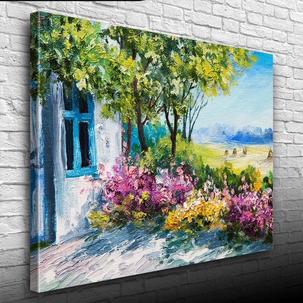 Renkli Çiçekler ve Bahar Manzarası Yağlıboya Kanvas Tablo 50 x 70 - Resim 3