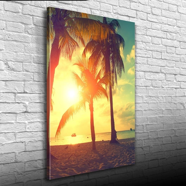 Kumsalda  Palmiyeler  & Günbatımı Kanvas Tablo 50 x 70 ürün görseli 1