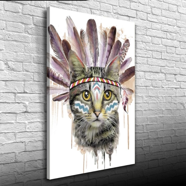 Kızılderili Kıyafetli Sevimli Kedi Kanvas Tablo 50 x 70 - 3