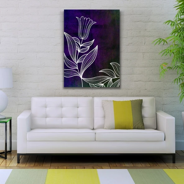 Koyu Mor Üzerine Beyaz Çiçek Kanvas Tablo 50 x 70 - 2