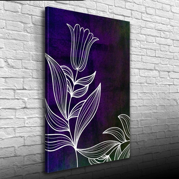 Koyu Mor Üzerine Beyaz Çiçek Kanvas Tablo 50 x 70 - 3