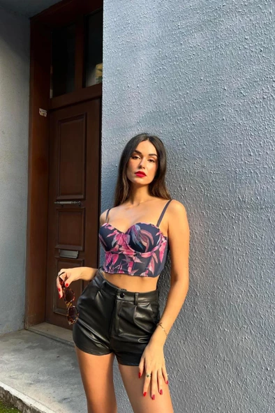 Çiçekli Destekli Lacivert Bustiyer - 5