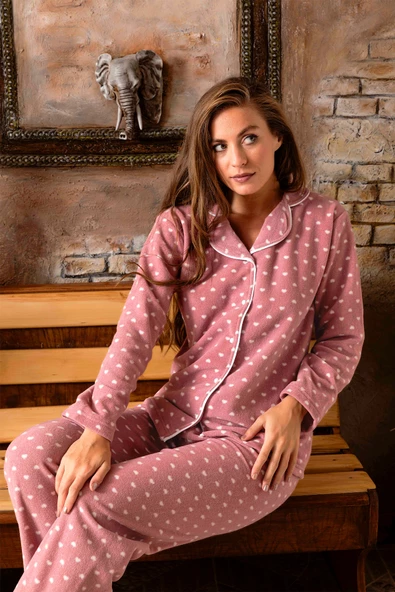 Bayan Kışlık Welsoft Peluş İnci Polar Düğmeli Pijama Takımı 'İpeksi Doku' - 2