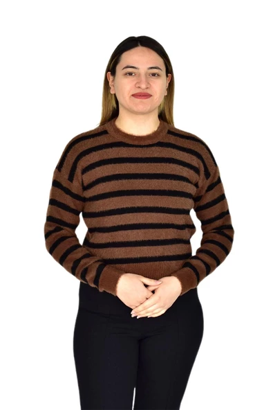 Kadın Çizgili Yumoş Spor Triko Kazak BGL-ST03364 - Resim 2