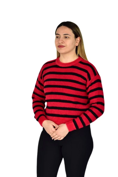 Kadın Çizgili Yumoş Spor Triko Kazak BGL-ST03364 - Resim 9