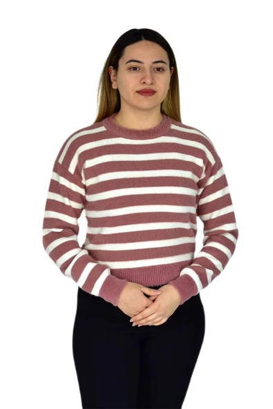 Kadın Çizgili Yumoş Spor Triko Kazak BGL-ST03364 - Resim 6