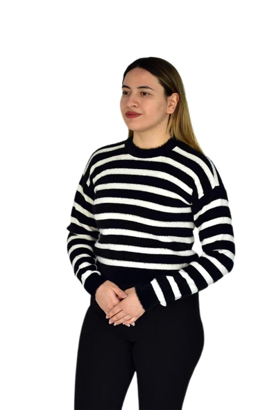 Kadın Çizgili Yumoş Spor Triko Kazak BGL-ST03364 - Resim 7