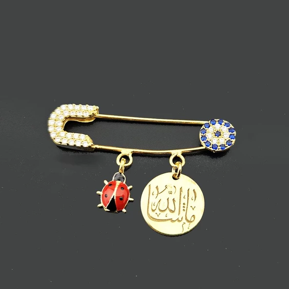 925 ayar Gümüş Altın Kaplama Maşallah Yaka İğnesi - 2