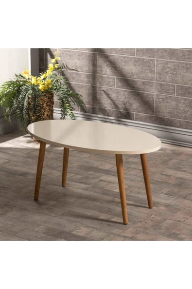 Orta Sehpa Ahşap Torna Ayak Elips Krem - Resim 3