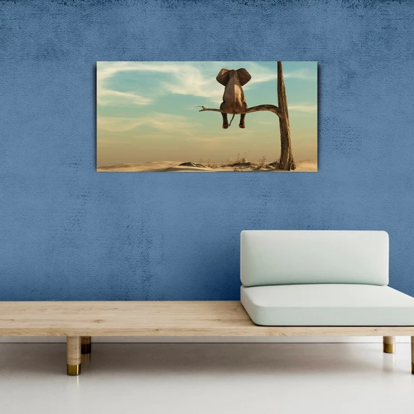 Fil, Çöl ve Kuru Ağaç Retro Kanvas Tablo 60X120 - Resim 3