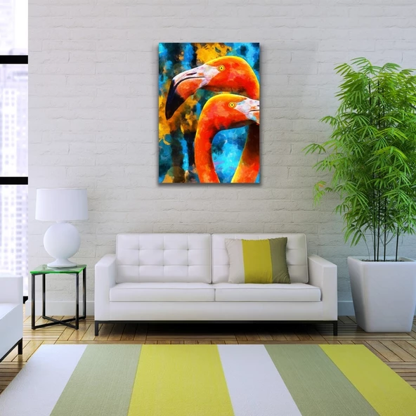 Flamingo, Turuncu ve Mavi Tonlarda Suluboya Tekniğinde Kanvas Tablo 50 x 70 - Resim 2