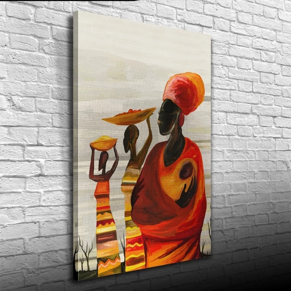 Turuncu ve Gri Tonlarda Afrika Yerli Kadınlar Kanvas Tablo 50 x 70 - Resim 3