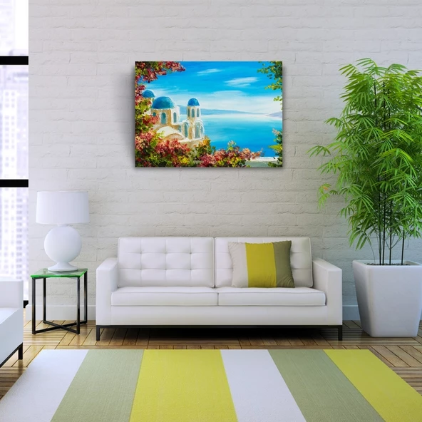 Çiçekli Terasta Mikanos ve Deniz Manzarası Yağlıboya Kanvas Tablo 50 x 70 - Resim 2