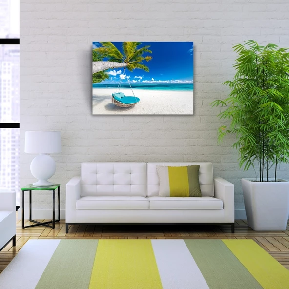 Kumsal Mavi Salıncak, Deniz ve Palmiyeler Kanvas Tablo 50 x 70 - Resim 2