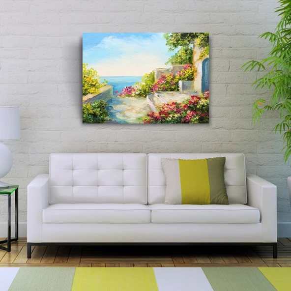 Çiçekli Taş Teras ve Deniz Manzarası  Yağlıboya Kanvas Tablo 50 x 70 - Resim 2