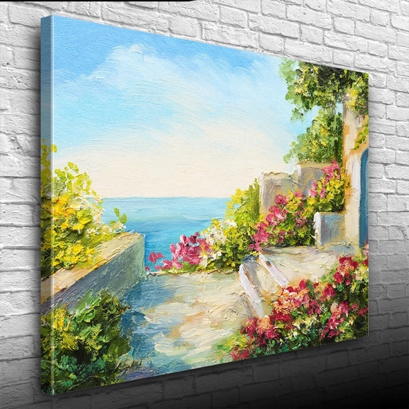 Çiçekli Taş Teras ve Deniz Manzarası  Yağlıboya Kanvas Tablo 50 x 70 - Resim 3