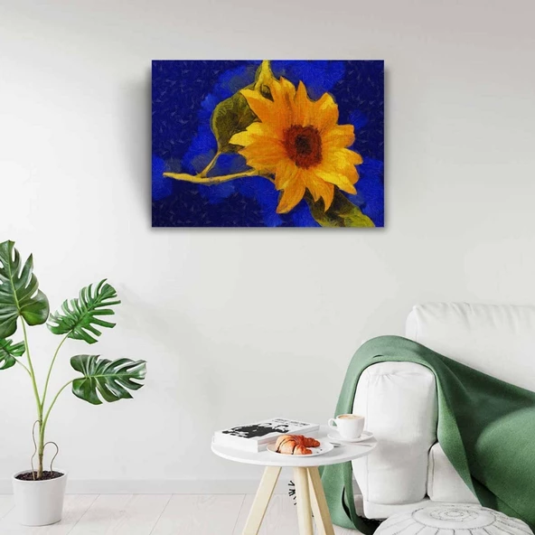 Mavi Zeminde Sarı Çiçek Kanvas Tablo 50 x 70 - Resim 2