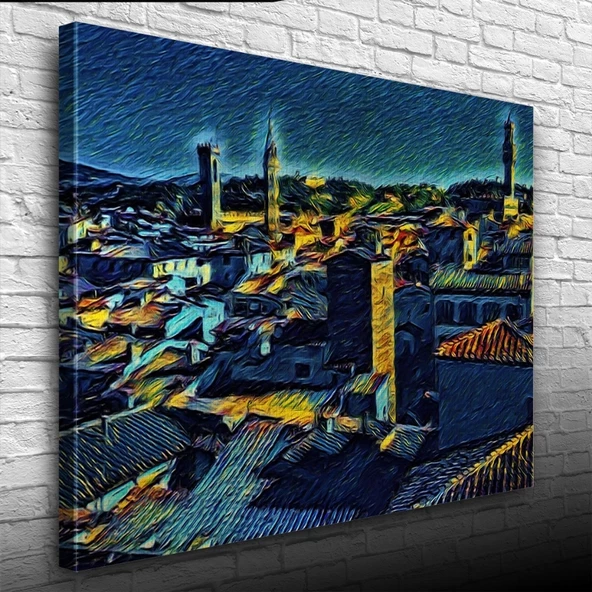 Köy Silueti Mavi Tonlarda Kanvas Tablo 50 x 70 - Resim 3