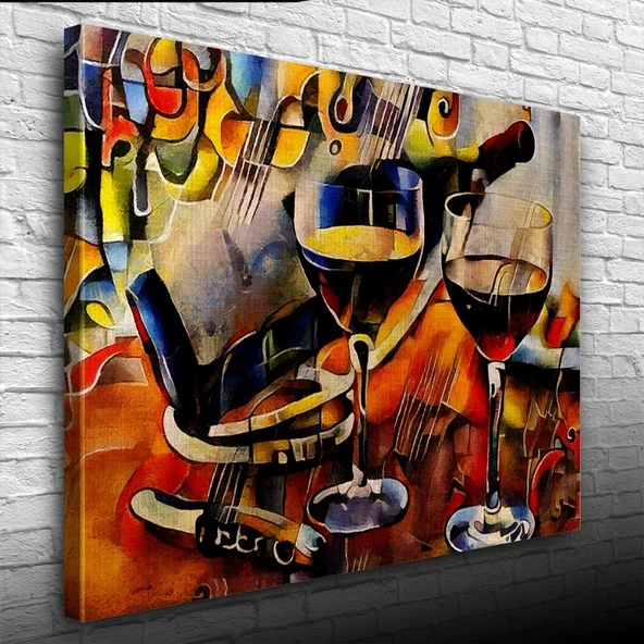 Şarap Şişesi ve Kadehler Kanvas Tablo 50 x 70 - Resim 3