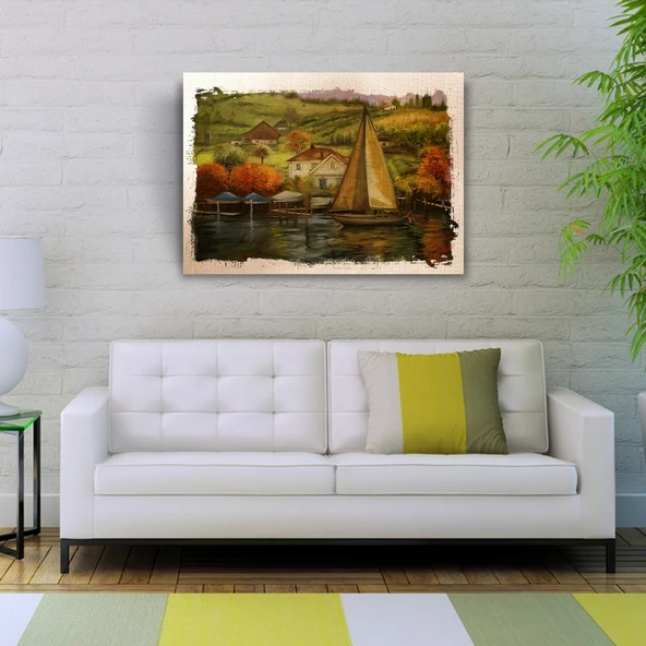 Sahildeki Yelkenli Yağlıboya Kanvas Tablo 50 x 70 - Resim 2
