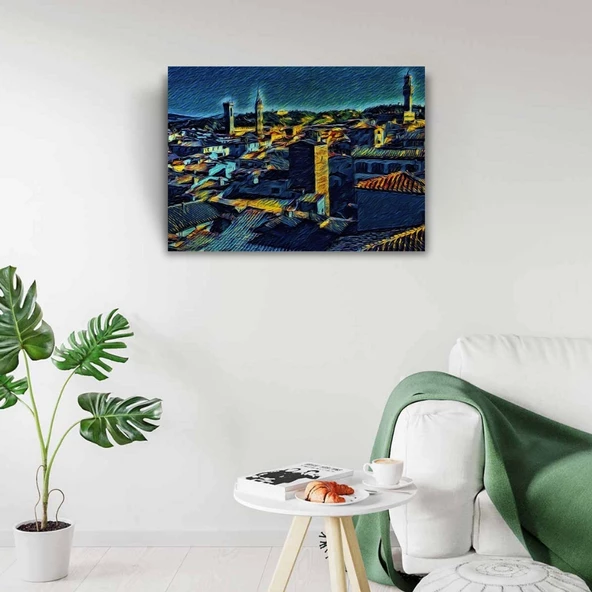 Köy Silueti Mavi Tonlarda Kanvas Tablo 50 x 70 - Resim 2