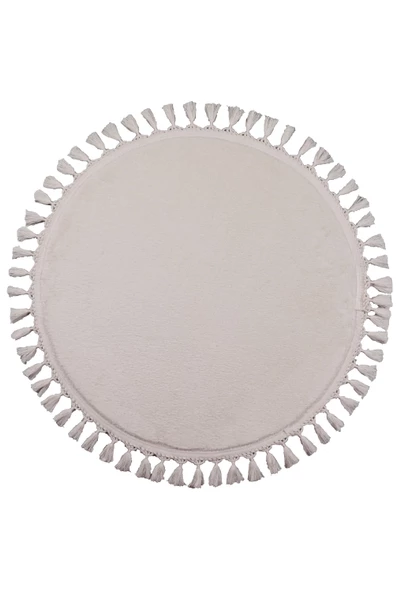 Modern Dekoratif Yuvarlak Puffy Peluş Ponpon Saçaklı Salon Oturma Odası Halısı Krem - 2