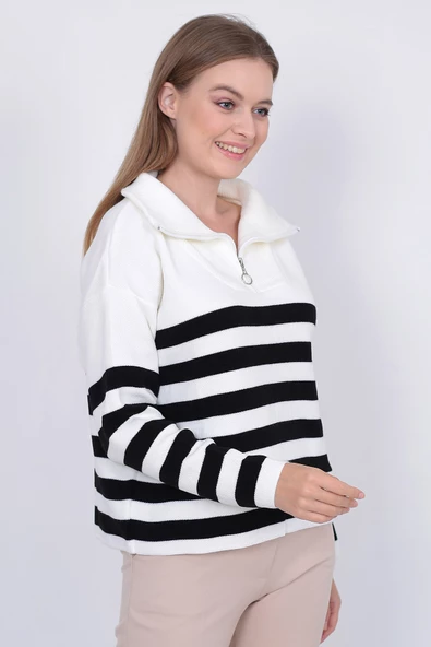 Kadın Çizgili Oversize Kesim Fermuarlı Triko Kazak Ekru-Siyah - Resim 6
