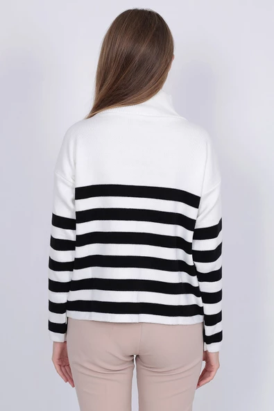 Kadın Çizgili Oversize Kesim Fermuarlı Triko Kazak Ekru-Siyah - Resim 8