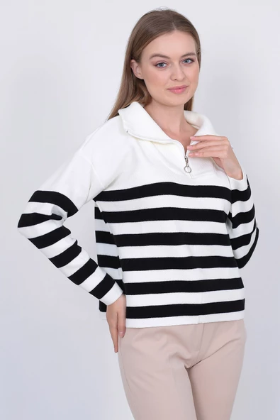 Kadın Çizgili Oversize Kesim Fermuarlı Triko Kazak Ekru-Siyah - Resim 5