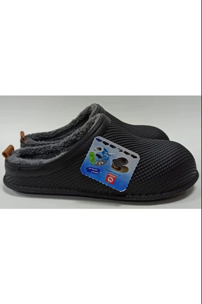 Gezer Kışlık Islak Zemin Erkek Terlik Önü Kapalı Tüylü Siyah - Resim 2