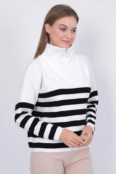 Kadın Çizgili Oversize Kesim Fermuarlı Triko Kazak Ekru-Siyah - Resim 7