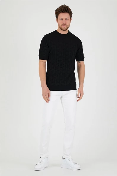 Siyah Erkek Yuvarlak Yaka Desenli Örme T-shirt - 5
