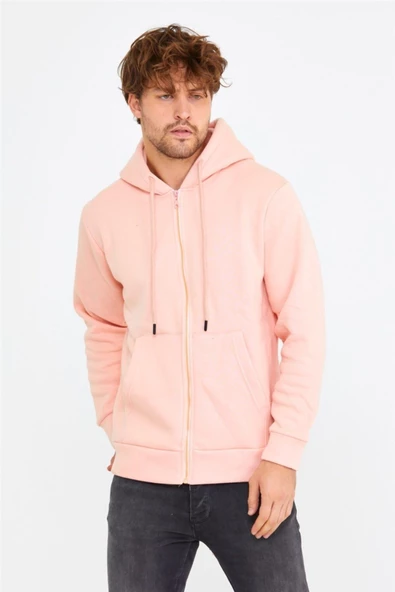 Pembe Erkek Fermuarlı Kapüşonlu Sweat