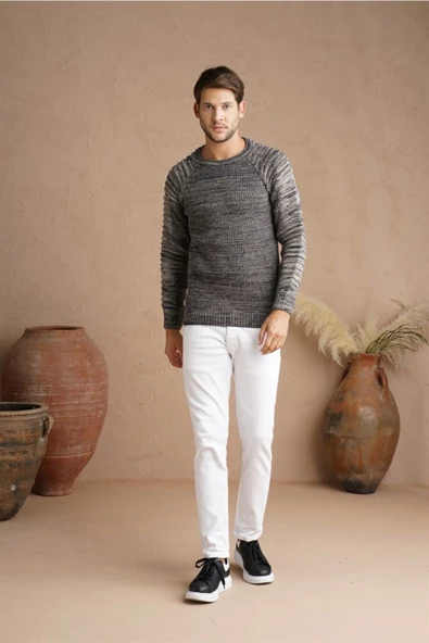 Erkek Krem Kolu Nevrüllü Links Örgü Triko Kazak - 3