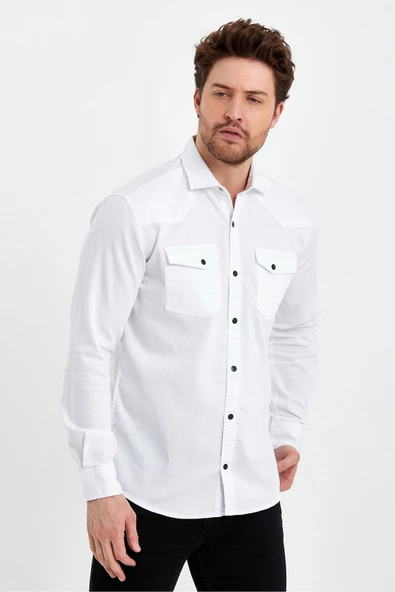 Erkek Beyaz Çift Cepli Çıt Çıt Düğmeli Slim Fit Kot Gömlek - 4